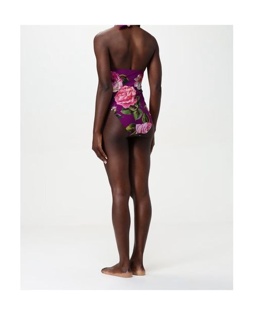 Dolce & Gabbana Pink Rose Printed One-Piece V-Neck Swimsuit