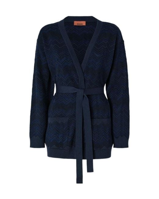 Missoni Blue Zigzag-Knit Belted Cardigan