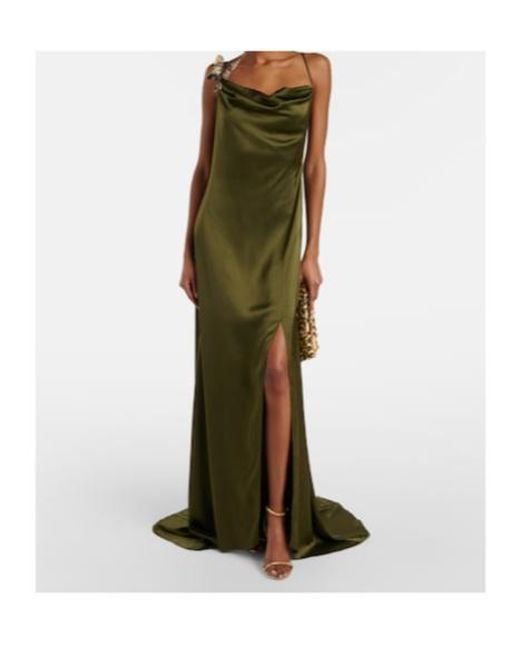 Blumarine Green Appliqué Satin Gown