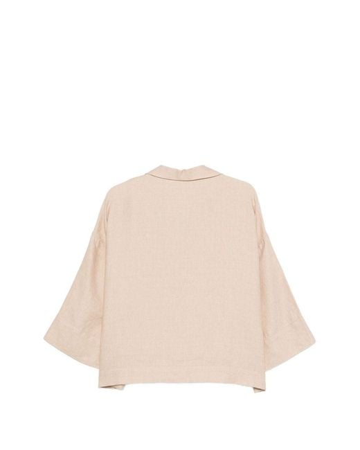 Eleventy Natural Spread-Collar Short-Sleeve Blouse