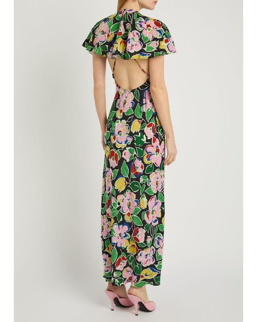 Rixo Green Aryella Floral Silk Midi Dress