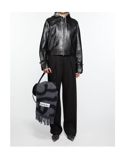 Acne Black Logo Patch Fringed Edge Scarf