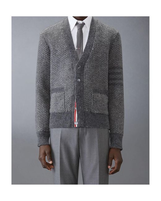 Thom Browne Gray V-Neck Chunky-Knit Cardigan for men