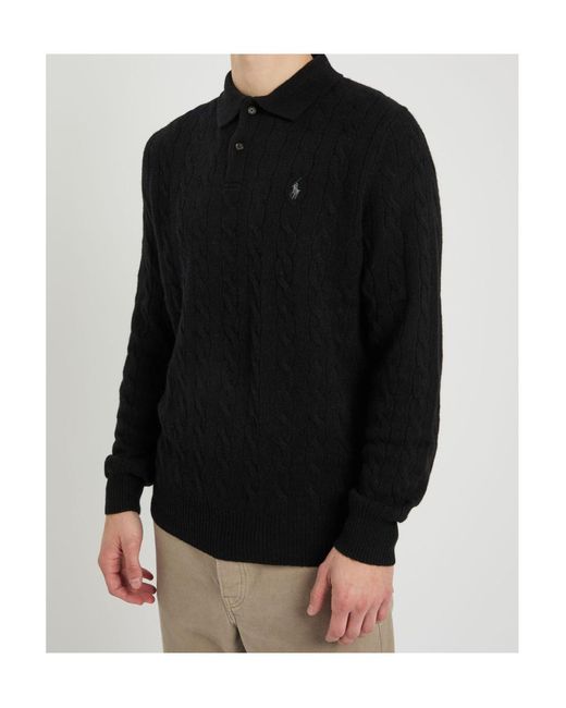 Polo Ralph Lauren Black Wool And Cashmere Blend Cable Knit Polo Shirt for men