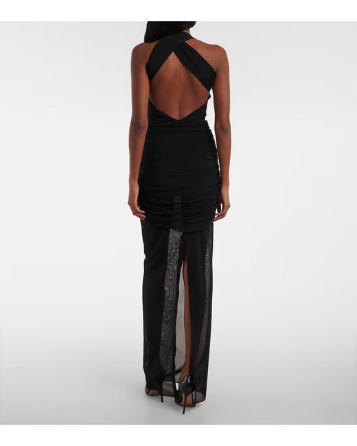 Alessandra Rich Black Ruched Sheer Mesh Maxi Dress
