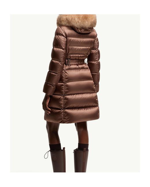 Moncler Brown Leersies Shearling Trimmed Hooded Long Down Coat
