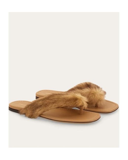 Ferragamo Brown Thong Sandal With Fur Detail