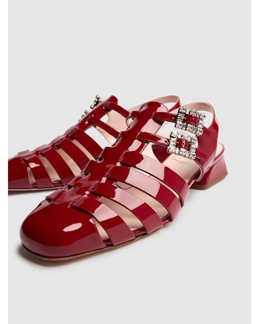 Roger Vivier Red Mini Tres Vivier Leather Flats