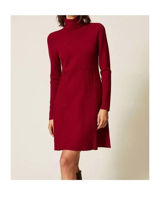 Twinset Red High-Neck Knit Dress