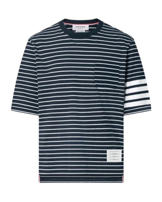 Thom Browne Blue Bar Logo Patch Striped T-Shirt for men