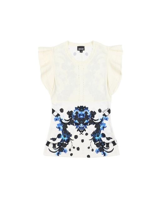 Just Cavalli White Printed Short-Sleeved T-Shirt With Lotus Leaf Edge