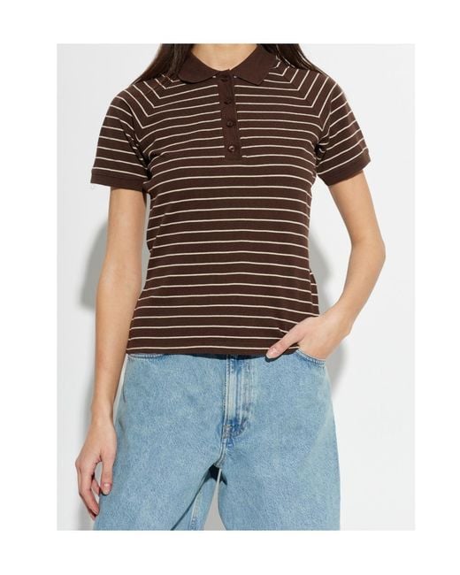 Samsøe & Samsøe Brown Samia Striped Buttoned Polo Top