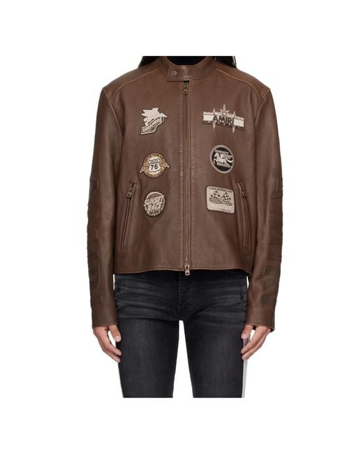 Amiri Brown Patch Racing Leather Jacket for men