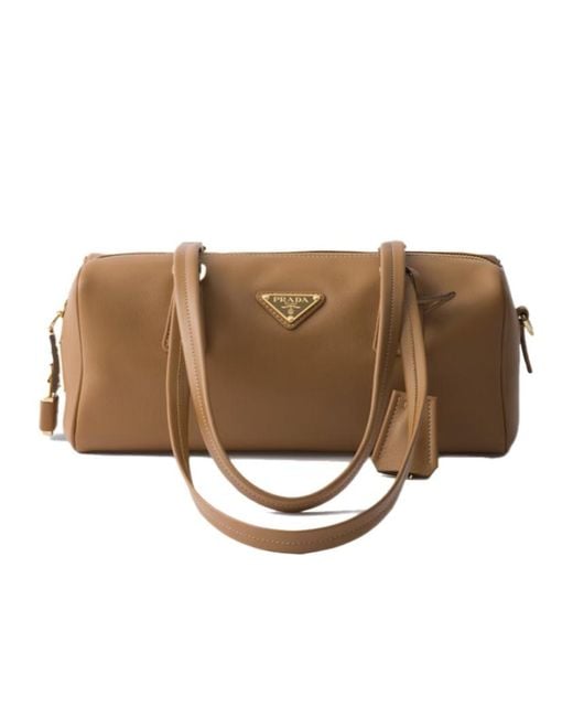 Prada Brown Re-Nylon And Leather Medium Top-Handle Bag With Padlock