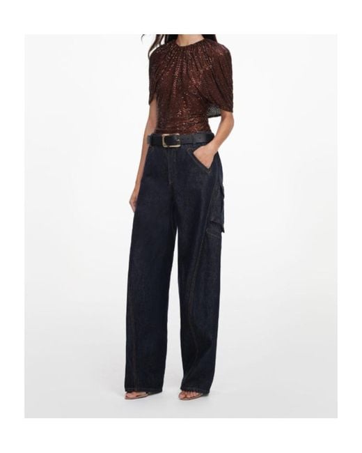 Self-Portrait Brown Sequin-Embellished Cape-Sleeve Top