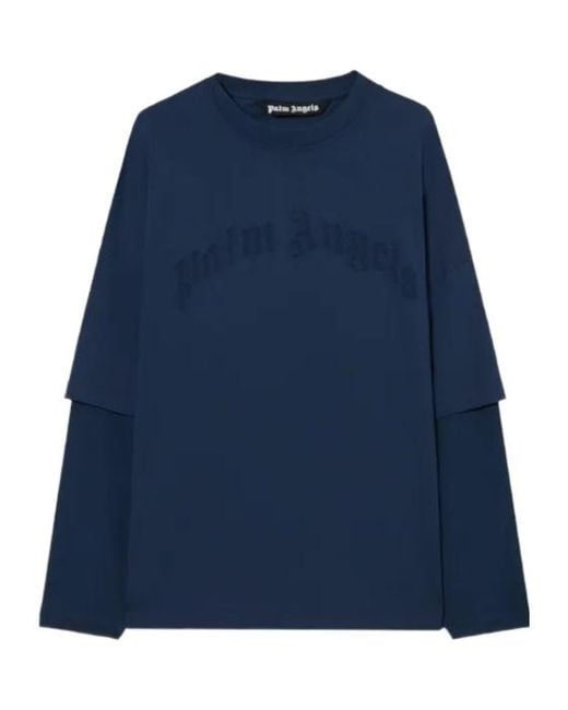 Palm Angels Blue Curved Logo Double Long-Sleeve T-Shirt for men
