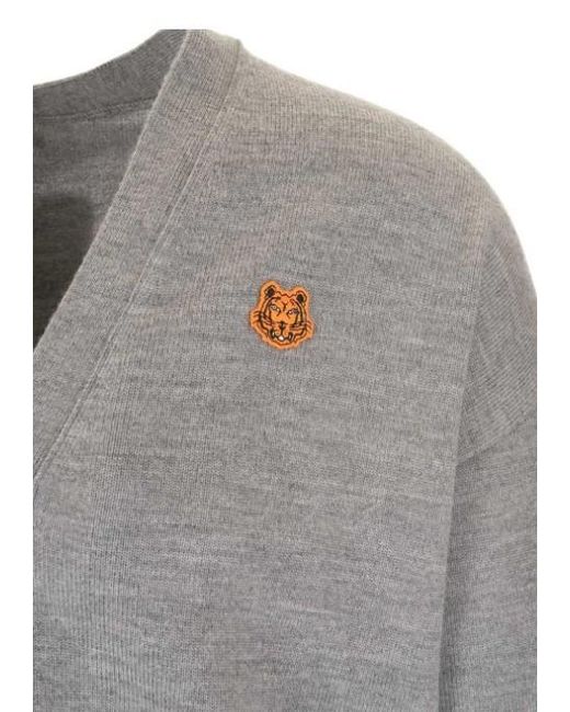 KENZO Gray Logo-Patch Button-Up Cardigan for men