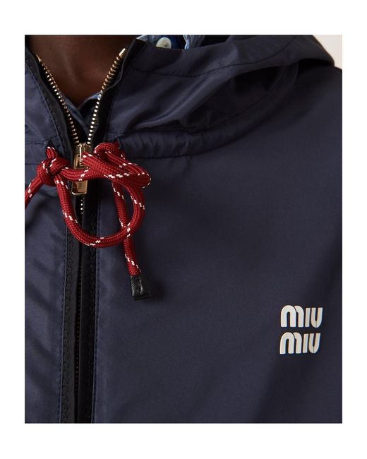 Miu Miu Blue Logo-Rubberised Zipped Hooded Jacket