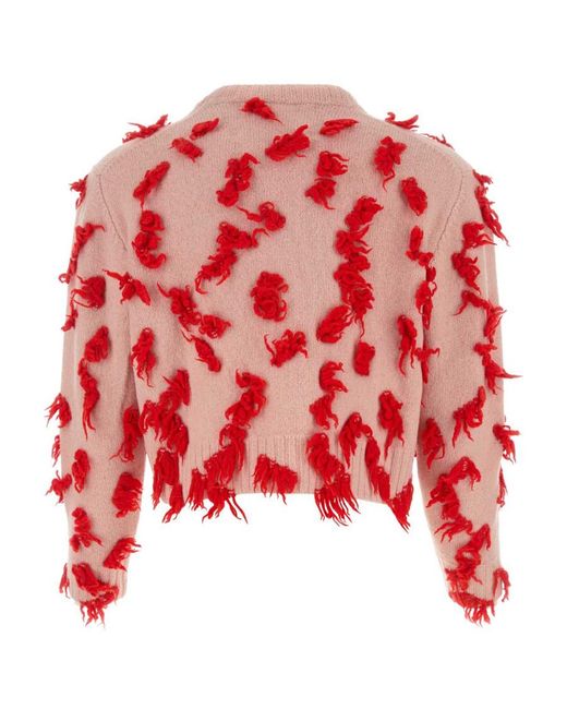 Jil Sander Red Embellished Frayed Crewneck Sweater