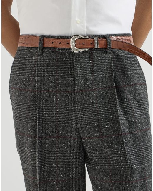 Brunello Cucinelli Gray Silk, Wool And Cashmere Prince Of Wales Flannel Trousers With Pleat for men