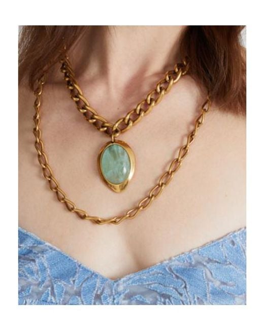 Ermanno Scervino Metallic Necklace With Double Chain And Semi-Precious Light Hard Stone