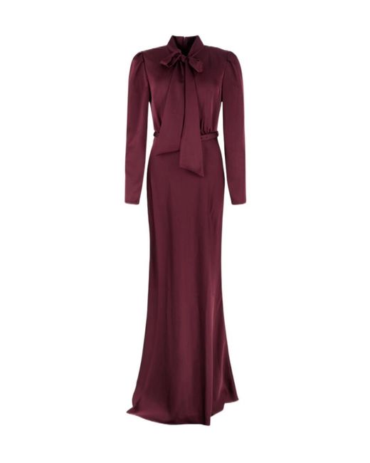 Self-Portrait Red Burgundy Tie Neck Satin Maxi Dress