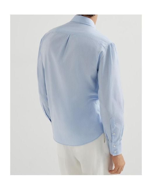 Brunello Cucinelli Blue Microcheck Button-Down Collar Basic Fit Shirt for men