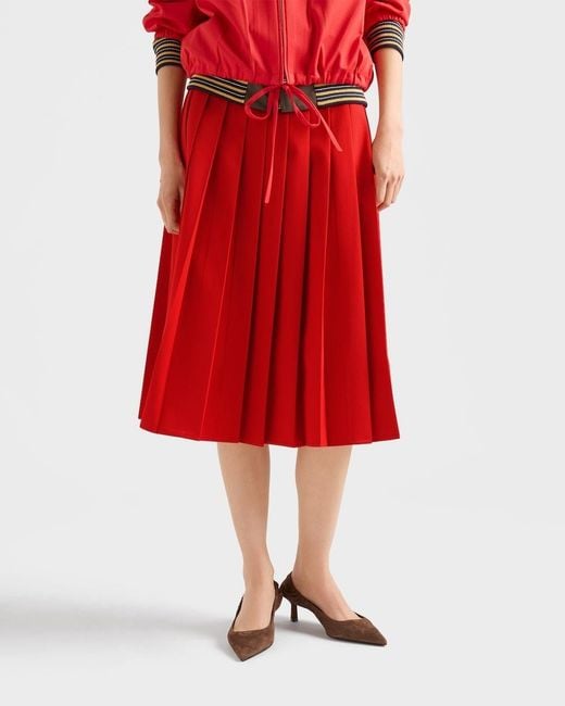 Prada Red Gabardine Pleated Midi Skirt