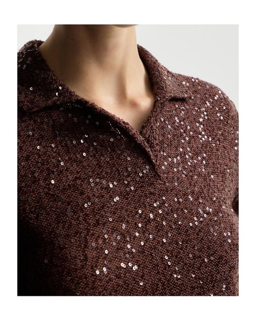 Brunello Cucinelli Brown Sequin Embellished Polo Top