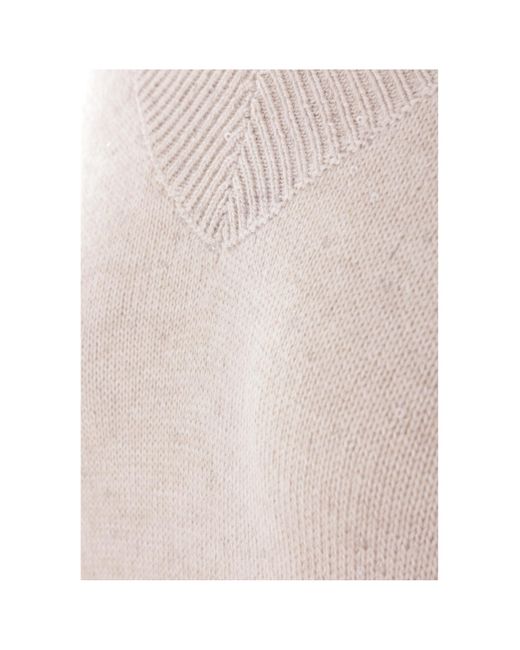 Brunello Cucinelli White V-Neck Sequin Embellished Knitted Jumper