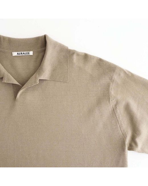 AURALEE High Gauge Tussah Satin Knit Skipper Polo Shirt in Natural