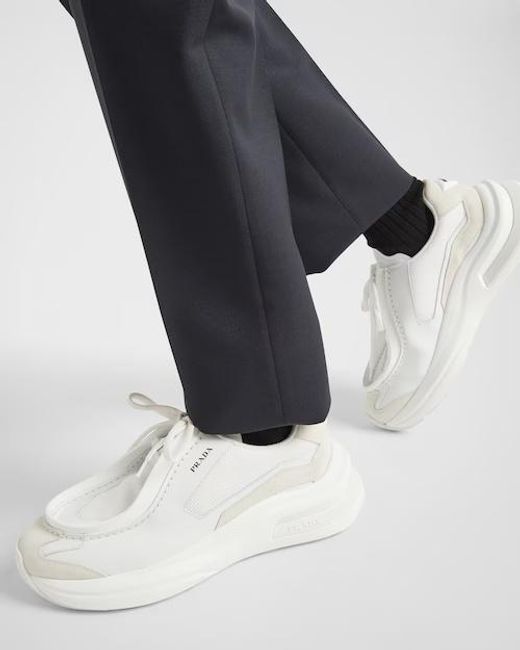 Prada White Brushed Leather Sneakers With Bike Fabric And Suede Elements for men