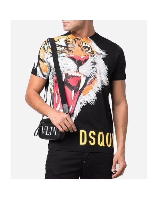 DSquared² Black D2 Lrg Tiger Prnt Ss Tee Blk for men