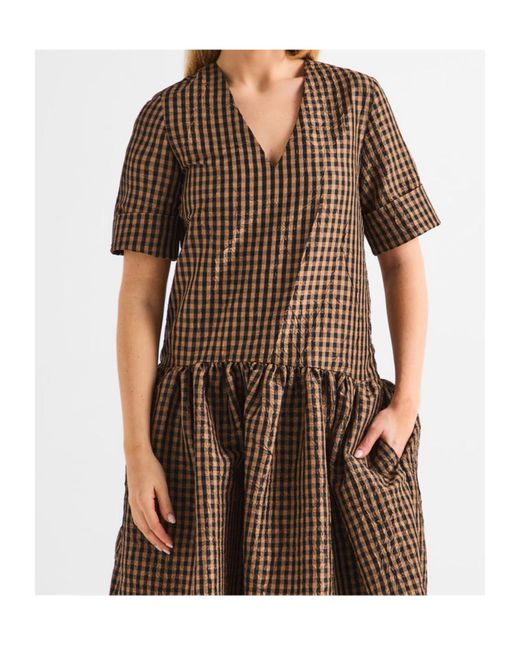 Ganni Brown Plaid Short-Sleeved Dress
