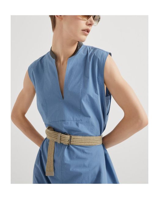 Brunello Cucinelli Blue V-Neck Sleeveless Belted Midi Dress