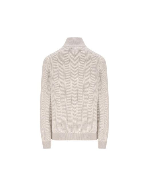 Brunello Cucinelli White Half-Zip Chevron Jumper for men