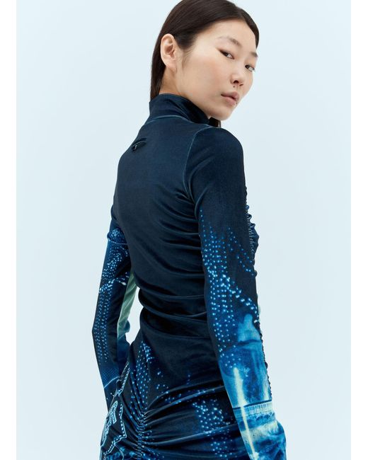 Jean Paul Gaultier Blue Pigalle Printed Gathered Velvet Dress