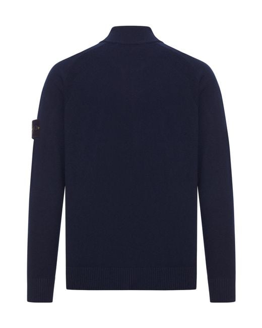 Stone Island Blue 5100044 Zip-Neck Wool Cardigan for men