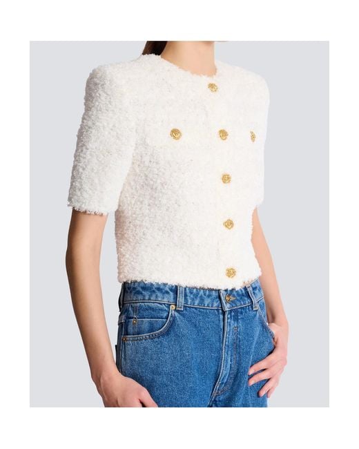 Balmain White Crewneck Knitted Cardigan