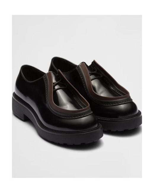 Prada Black Opaque Brushed Leather Lace-Up Shoes for men