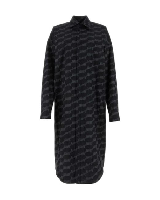 Balenciaga Black All-Over Logo Printed Poplin Shirt Dress