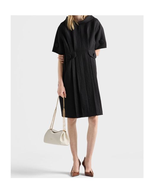 Prada Black Short-Sleeve Chevron Wool Dress With Belt
