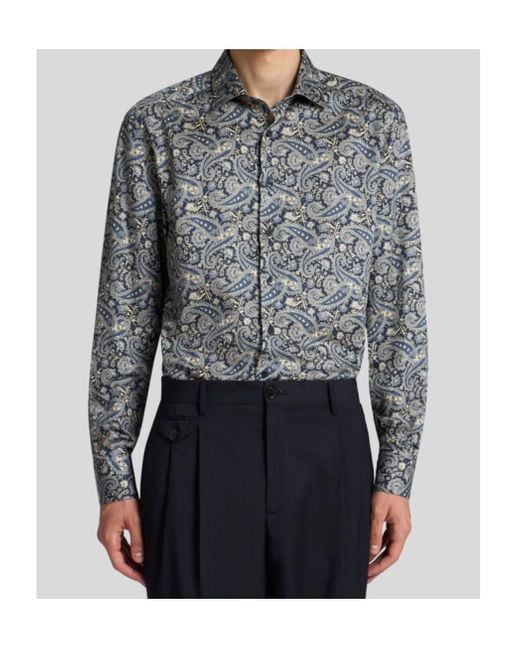 Etro Blue Paisley-Printed Long Sleeved Shirt for men