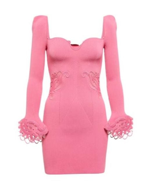 Self-Portrait Pink Lace-Trimmed Rib-Knit Minidress