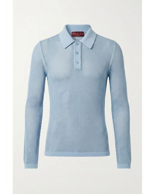Gucci Blue Embossed Technical Mesh Polo Top for men
