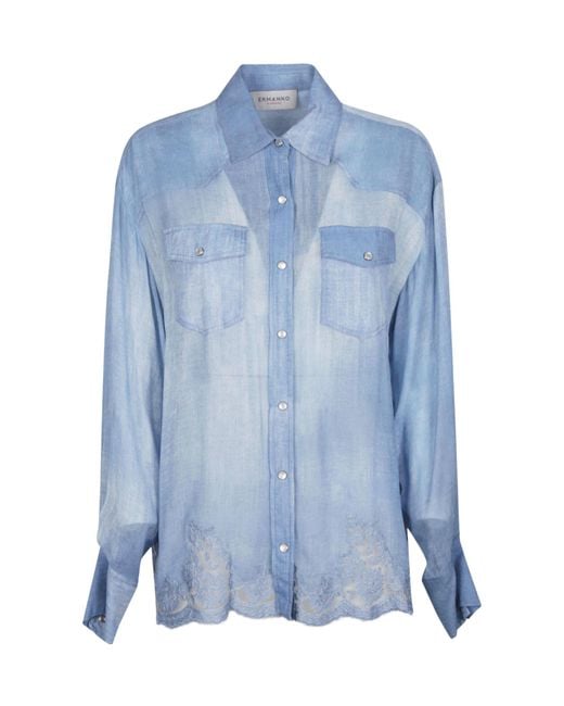 ERMANNO FIRENZE Blue Chest-Pocket Lace-Detail Shirt