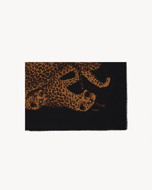 Saint Laurent Black Twill Wool Leopard Pattern Shawl
