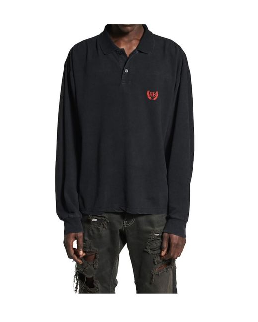 Balenciaga Blue Laurel Destroyed Long Sleeved Polo Shirt for men