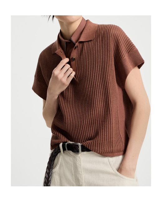 Brunello Cucinelli Brown Ribbed Buttoned Polo Shirt