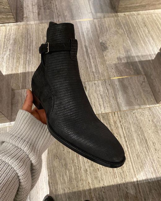 Saint Laurent Black Reptile Effect Leather Ankle Boots for men